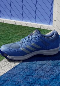 Modrá športová topánka s vrchom z mäkkej sieťoviny, s tromi reflexnými prúžkami, polstrovaným golierom na členku a textúrovanou gumovou podrážkou. Umiestnená na farebnom trávniku.