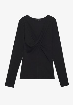 T-shirt noir à manches longues pour femmes avec un détail noué à l'avant et un col rond, fabriqué en tissu doux.