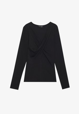 T-shirt noir à manches longues pour femmes avec un détail noué à l'avant et un col rond, fabriqué en tissu doux.