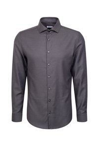 Camicia da uomo a maniche lunghe con bottoni, caratterizzata da un piccolo motivo geometrico bianco e nero e un colletto classico.