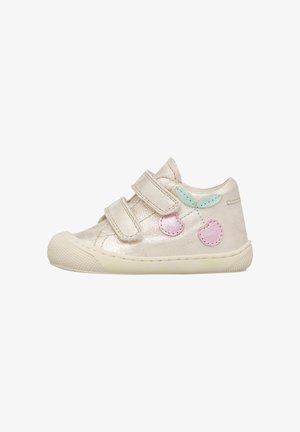 Cream toddler shoe with two Velcro straps and pink cherry patches with green leaves on the side, rubber sole and rounded toe.