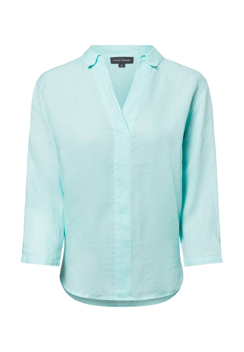 Lichtblauw, lange mouwen, linnen shirt met een V-hals, kraag met knopen en een gebogen zoom. Etiket zichtbaar binnenin de halslijn.