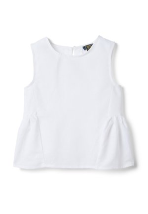 Blusa blanca sin mangas para bebé con cuello redondo, ligeros laterales tipo peplum y cierre con botón en la espalda.