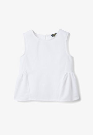 Camicia bianca senza maniche per bambino con scollo rotondo, leggere pieghe laterali e chiusura con bottoni sul retro.