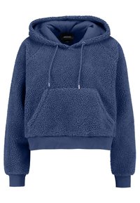 Sudadera con capucha de forro polar azul con acabado texturizado, capucha ajustable con cordones y bolsillo tipo canguro. Presenta puños y dobladillo de canalé para un ajuste ceñido.