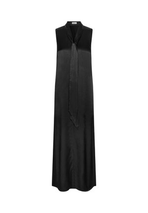 Robe noire sans manches en satin lisse, dotée d'un long nœud au niveau du col, avec une silhouette fluide et un ourlet droit.
