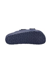Semelle de chaussure en caoutchouc marine avec un motif de grip texturé ; comprend des sangles réglables doubles et une forme arrondie.