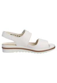 White leather sandal with open toe and two straps, one adjustable, featuring a textured finish and light rubber sole with slight elevation.