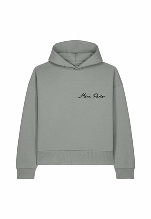 Felpa grigia con cappuccio e maniche lunghe, con "Mira Paris" ricamato in scritta nera sul petto sinistro.