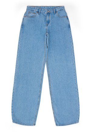 Light blue denim wide-leg jeans with a high waist, featuring a button and zipper closure, four pockets, and slightly frayed hems.