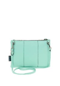 Una borsa a tracolla verde menta realizzata in materiale testurizzato, con chiusura a zip, tracolla regolabile e dettagli di cucitura sottili.