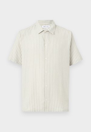 Short-sleeve button-up shirt with vertical textured stripes in beige and cream tones, featuring a classic collar.