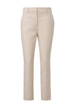 Beige tailored trousers with a smooth texture, straight cut, front crease, two side pockets, and belt loops, featuring a zip and button closure.
