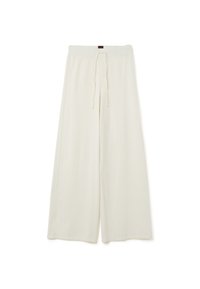 Pantalons à jambes larges en tissu crémeux et doux avec une taille élastique et un cordon de serrage. Présente une texture lisse et une coupe ample.