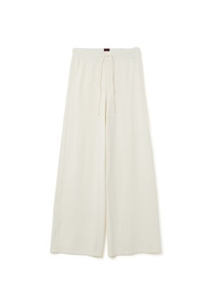 Pantalons à jambes larges en tissu crémeux et doux avec une taille élastique et un cordon de serrage. Présente une texture lisse et une coupe ample.