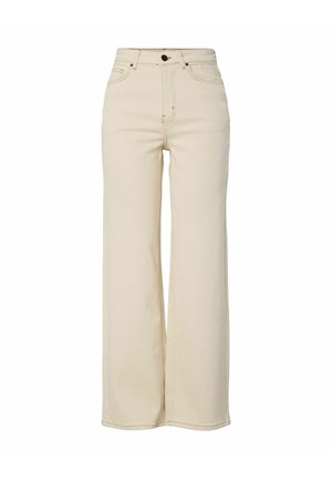 Pantalones beiges de talle alto y pierna ancha con bolsillos frontales, trabillas para cinturón y cierre con botón.