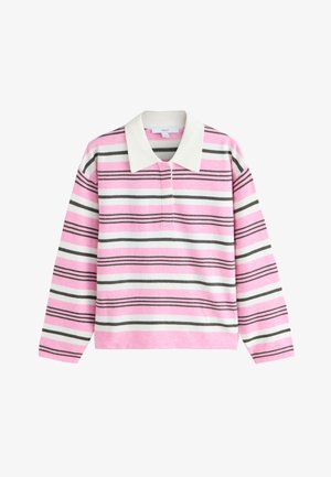 Polo à manches longues avec des rayures horizontales roses, blanches et grises et un col blanc, présenté sur fond blanc.
