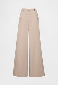 Beiget korkeavyötäröiset leveälahkeiset housut, joissa suuret napit edessä taskuissa ja sileä, kevyt kangas.