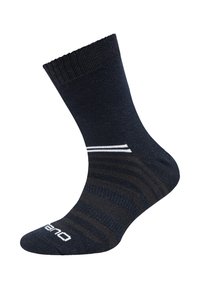 Calzino blu navy, con un bordo a coste, strisce bianche orizzontali e una parte centrale testurizzata con una punta liscia, marchiato con scritte bianche.