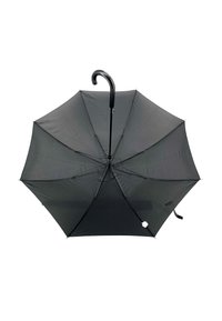 Schwarzer Regenschirm mit gebogenem Griff, acht Streben und glatter Textur. Der Schirm hat eine einheitliche Farbe und ist für den Regenchutz konzipiert.