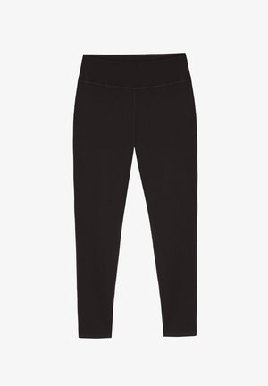 Leggings neri realizzati in tessuto elastico, con una vita alta e un design aderente e slanciato, senza motivi o dettagli visibili.