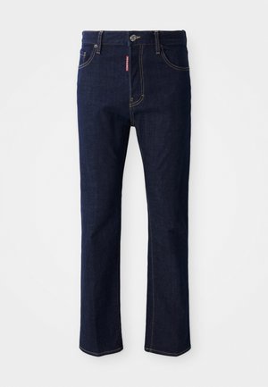 Jeans in denim blu scuro con gamba dritta, cuciture visibili, chiusura a bottone e quattro tasche, inclusa una tasca per le monete.