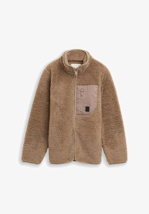 Giacca in poliestere marrone con zip full-zip, colletto alto e tasca a zip sul petto di colore contrastante su uno sfondo bianco semplice.