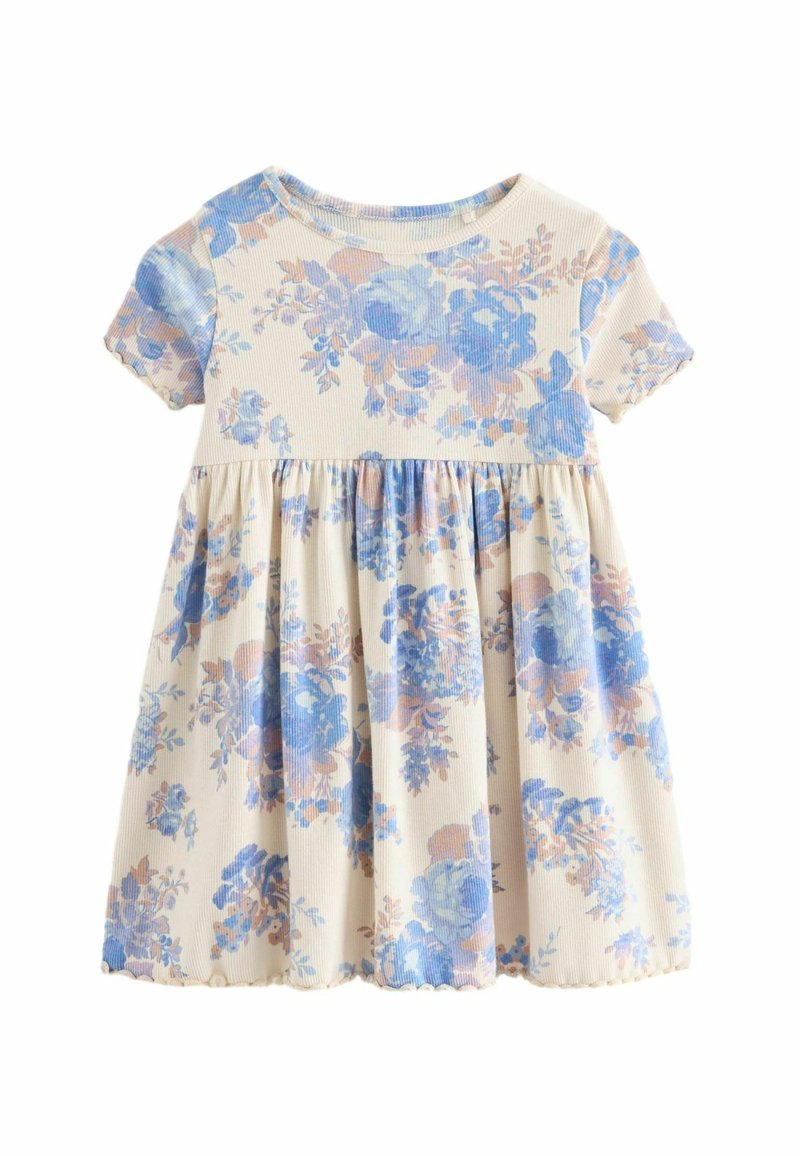 Robe crème pour enfant avec des manches courtes, taille froncée et imprimé floral bleu et beige sur l'ensemble.