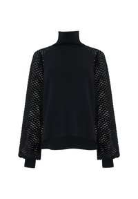 Zwarte pullover met een hoge hals, voorzien van gestructureerde, gestreepte zwarte mesh mouwen en ribgebreide manchetten. Soepele body met een losse pasvorm.