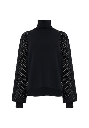 Zwarte pullover met een hoge hals, voorzien van gestructureerde, gestreepte zwarte mesh mouwen en ribgebreide manchetten. Soepele body met een losse pasvorm.
