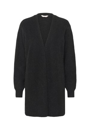 Black long-sleeve open-front knit cardigan with ribbed cuffs, designed for a relaxed fit.