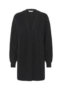 Zwarte lange mouw open voorkant brei cardigan met geribde manchetten, ontworpen voor een relaxte pasvorm.