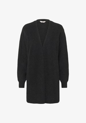 Cardigan en tricot noir à manches longues et à ouverture frontale, avec des poignets côtelés, conçu pour une coupe décontractée.