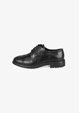 Zwarte leren dresschoenen met een ronde neus, vetersluiting, subtiele stiksels en een gestructureerde rubberen zool voor grip.