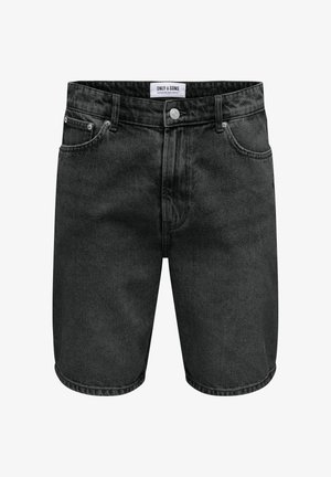 Shorts in denim neri con una finitura leggermente sbiadita, design a cinque tasche, chiusura con bottone in metallo e taglio dritto. Dettaglio di cucitura distintivo.