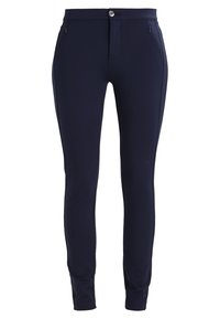 Mörkblå slim-fit byxor tillverkade av stretchigt material, med en zip-ficka, knappstängning och en slät yta.