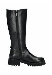 Botas de cuero negro hasta la rodilla con cremallera lateral, superficie texturizada, punta redondeada y suela de goma gruesa para mayor agarre.