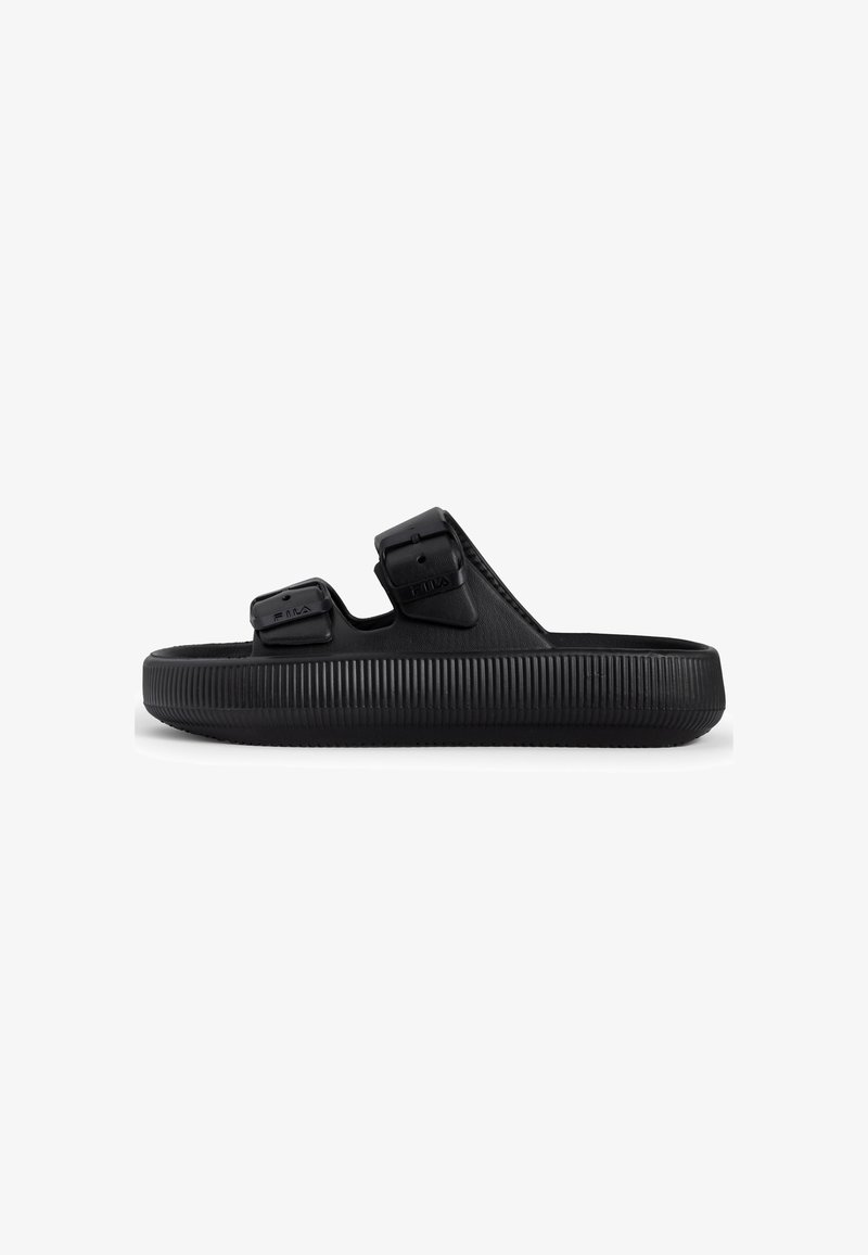 Črne gumijaste sandals z dvema nastavljivima trakovoma. Okrogla oblika, teksturirana podplat in rebrast podplat za oprijem in udobje.
