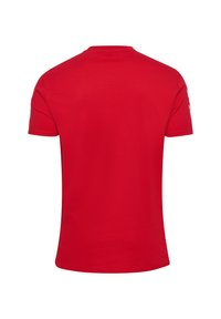 Rød bomulds-T-shirt med rund hals og korte ærmer, med glat tekstur og uden synlige mønstre eller grafik.