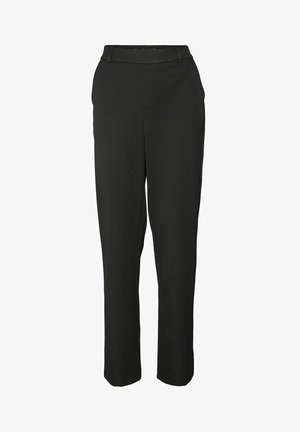 Black tailored pants made from smooth fabric, featuring a straight leg design, belt loops, and a mid-rise waistband. No visible accents or patterns.