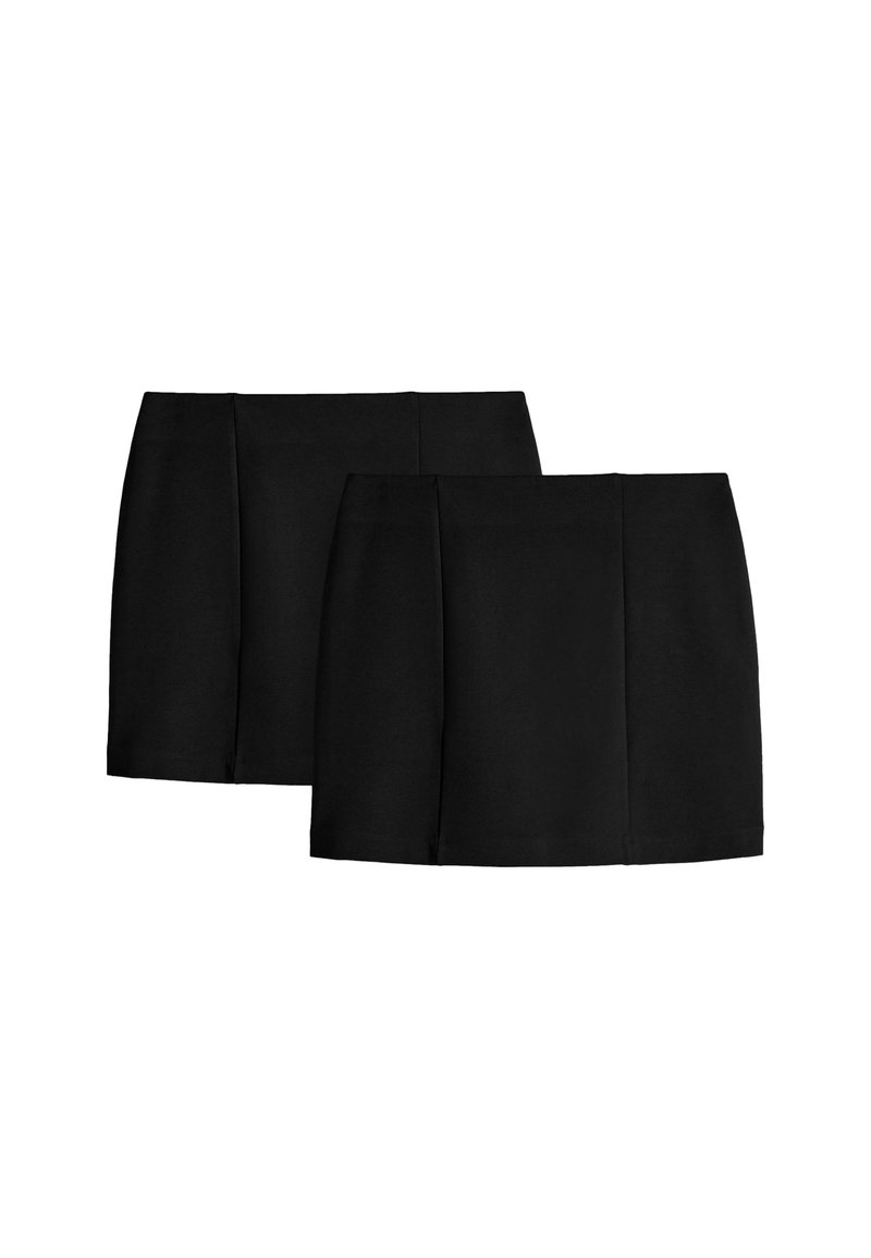 Två svarta knälånga pennkjolar med enkel design, placerade sida vid sida på vit bakgrund.