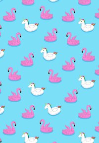 Motif d'objets flottants de piscine : flamants roses et une licorne blanche avec une crinière arc-en-ciel, sur un fond bleu clair.