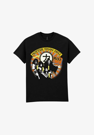 Czarny T-shirt z grafiką czterech członków zespołu w makijażu, żółtym napisem „Hotter Than Hell” oraz logo „KISS” na pomarańczowo-białym tle z promieniami słońca.
