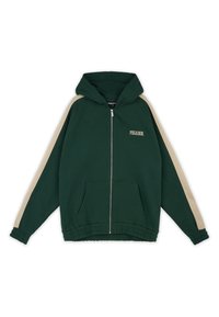 Felpa verde con zip, strisce laterali beige, cappuccio con cordino, polsini e vita a coste. Presenta la scritta "PEGADOR" ricamata sul petto.