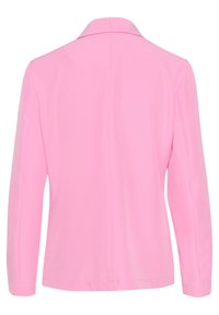 Bolerko v jemně růžové barvě bez knoflíků s klopovým límcem a dlouhými rukávy, které má elegantní design a hladkou texturu. Bez viditelného kování.