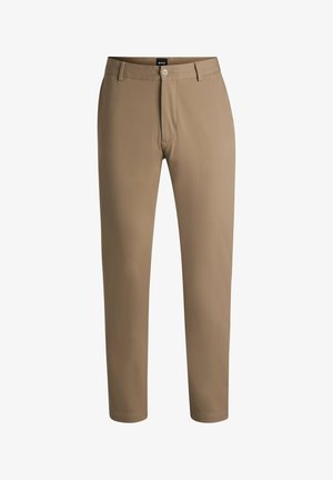 Beige pants made of smooth fabric with a front button closure, slant pockets, and straight legs, featuring a clean design and tailored fit.