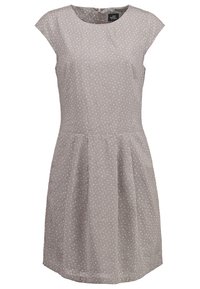 Abito grigio con corpetto aderente e gonna svasata, maniche corte a sbuffo, tessuto strutturato e motivo a pois bianchi su tutta la superficie. Chiusura con cerniera sul retro.