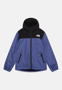 Huppari, jossa on violetti vartalo ja mustat olkapäät, varustettu täysipitkällä vetoketjulla, kahdella vetoketjullisella taskulla ja logokoristeella rinnassa.