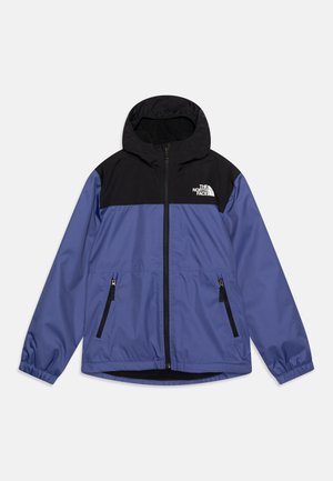 Giacca con cappuccio dal corpo viola e spalle nere, dotata di una zip completa, due tasche con zip e un dettaglio con logo sul petto.