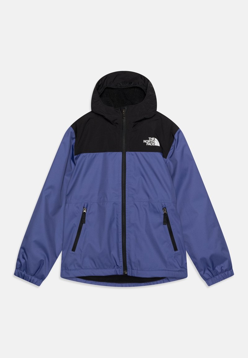 Hooded jack met een paars lijf en zwarte schouders, voorzien van een volledige ritssluiting, twee zakken met rits en een logo-accent op de borst.